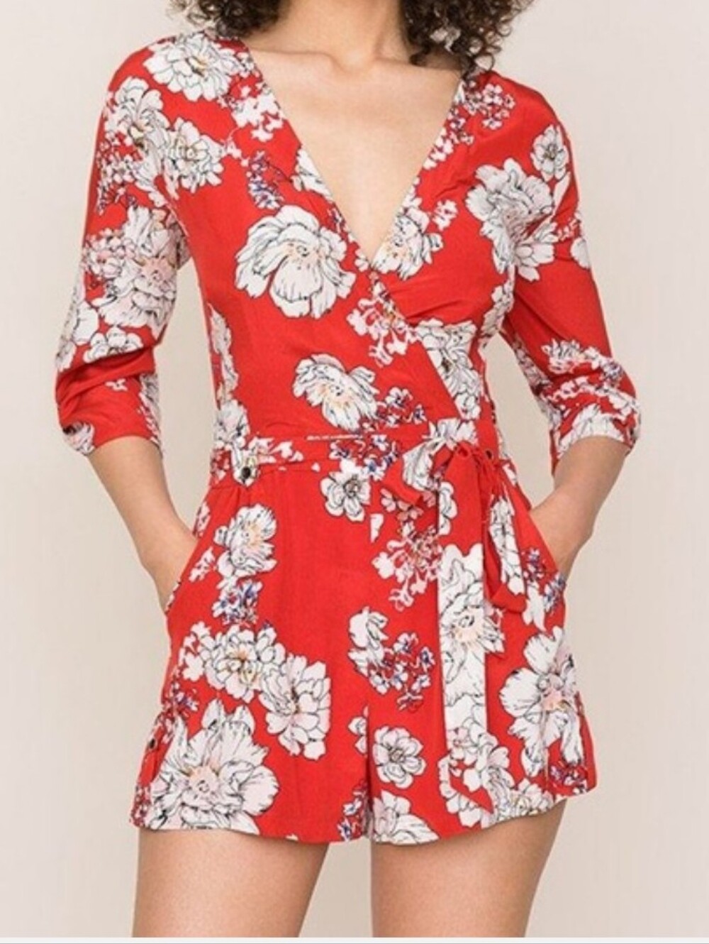 Yumi Kim Liz Silk Romper In Sweet Jasmine Red Floral Print